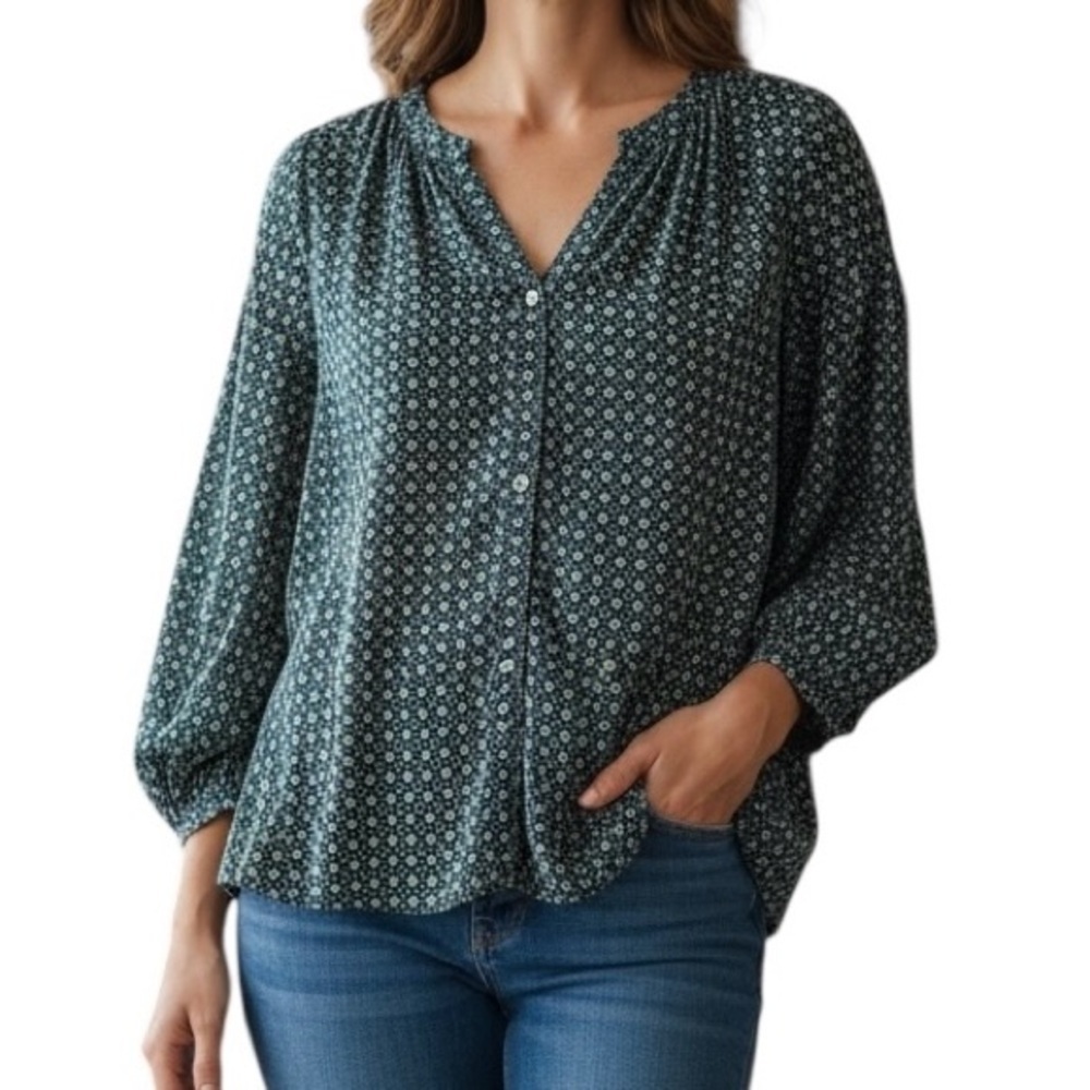 J. Jill green white geometric flowy boho career wear blouse top